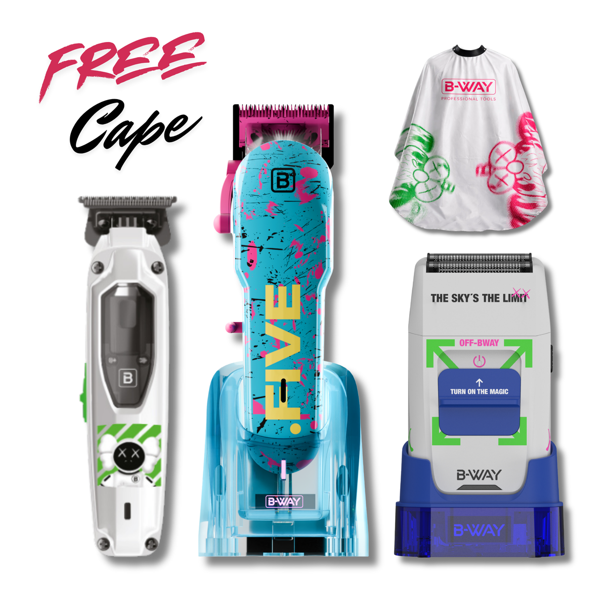 B-Way NEW Five Shorty Clipper, T-Pro Trimmer & OFF Shaver – Professional 3-in-1 Barber Set with Free Barber Cape